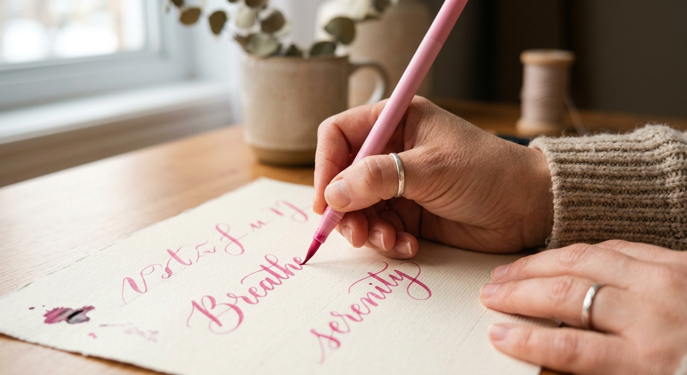 Hand writing modern calligraphy with a pink brush pen