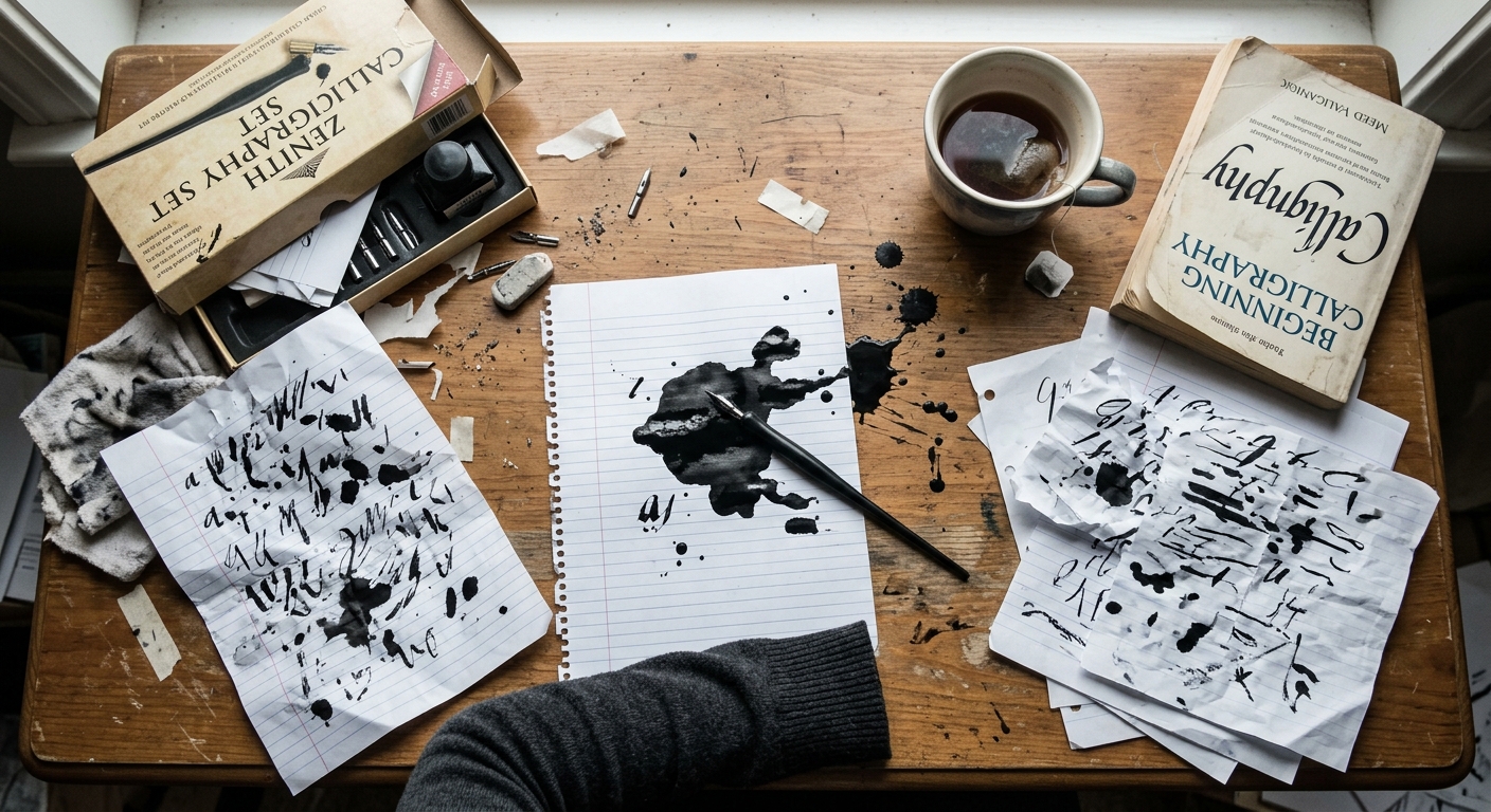 Frustrated beginner calligrapher's desk with crumpled pages and spilled ink