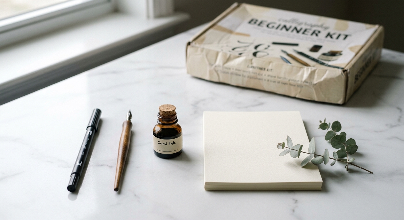 Minimal calligraphy supplies beside a discarded cheap starter kit box